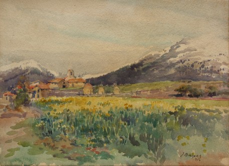 Paisaje con casas y montañas nevadas al fondo