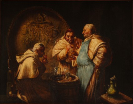 Monjes catando vino en la bodega