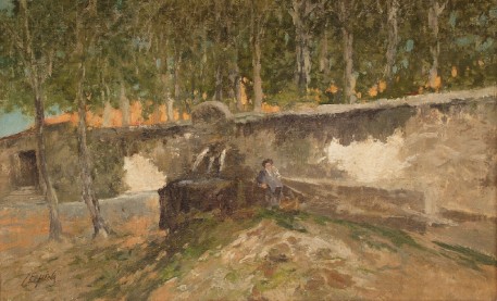 Paisaje con fuente  y hombrecillo